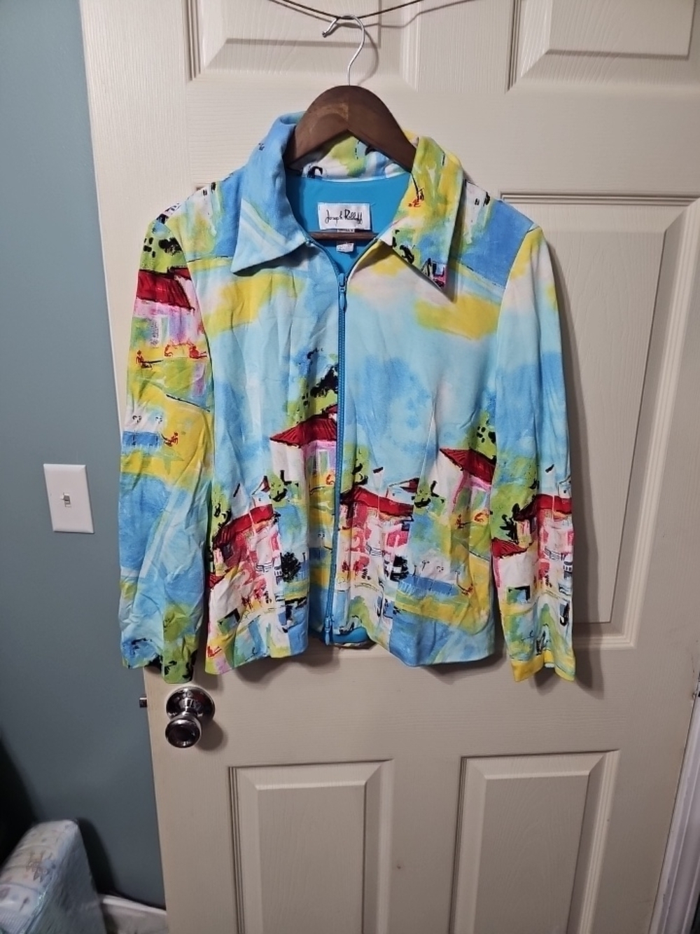 Joseph Ribkoff Jacket Multicolor Art Print Full Zip Collared Jersey Sz 14 EUC S3